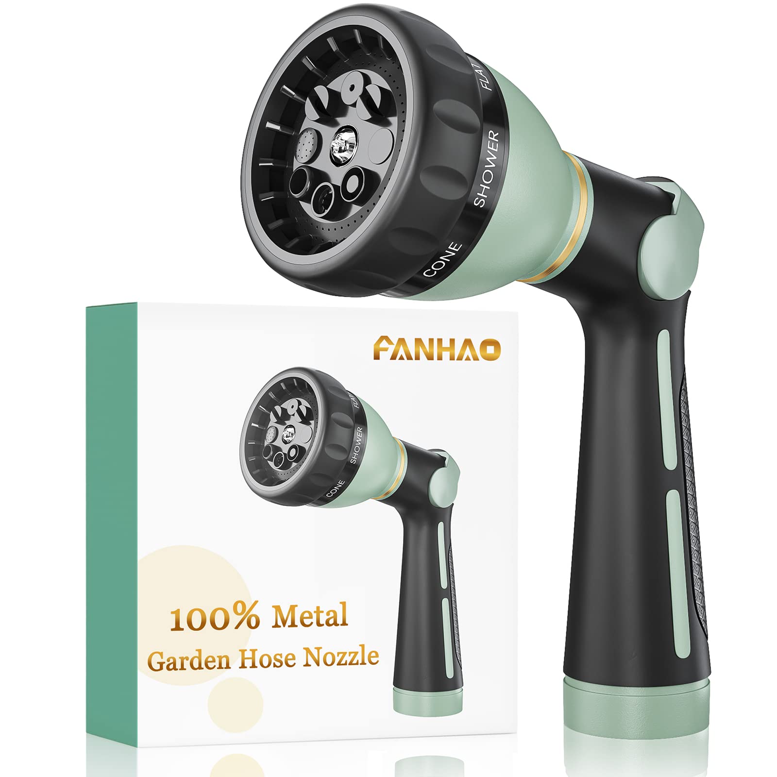 FANHAO Garden Hose Nozzle Heavy Duty, 100% Metal Water Hose Nozzle Sprayer with 8 Spray Patterns, High Pressure Sprayer Nozzle with Thumb Control, On Off Valve for Garden Watering, Car & Pet Washing