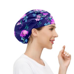 Shutiall Working Cap with Button and Sweatband Adjustable Tie Back Bouffant Hats Printed Multi Color for Woman Man.Flowers