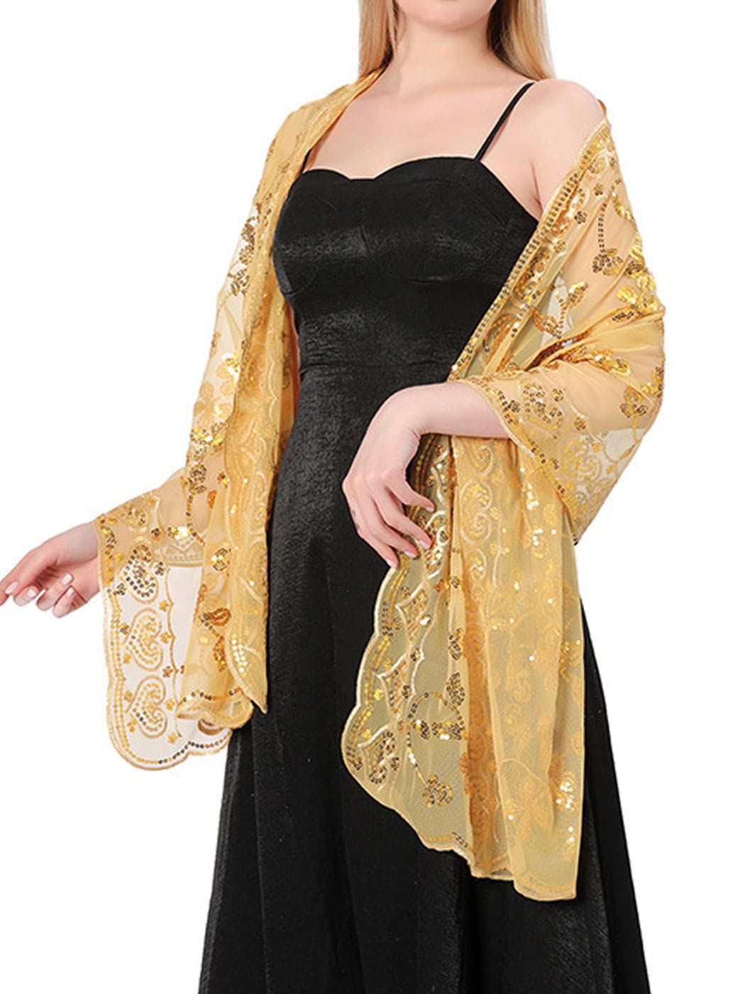 Aukmla Sequin Shawls and Wraps for Evening Dresses 1920s Lace Scarf Wedding Spakle Cape Cover Up Wedding Accessories(A Gold)