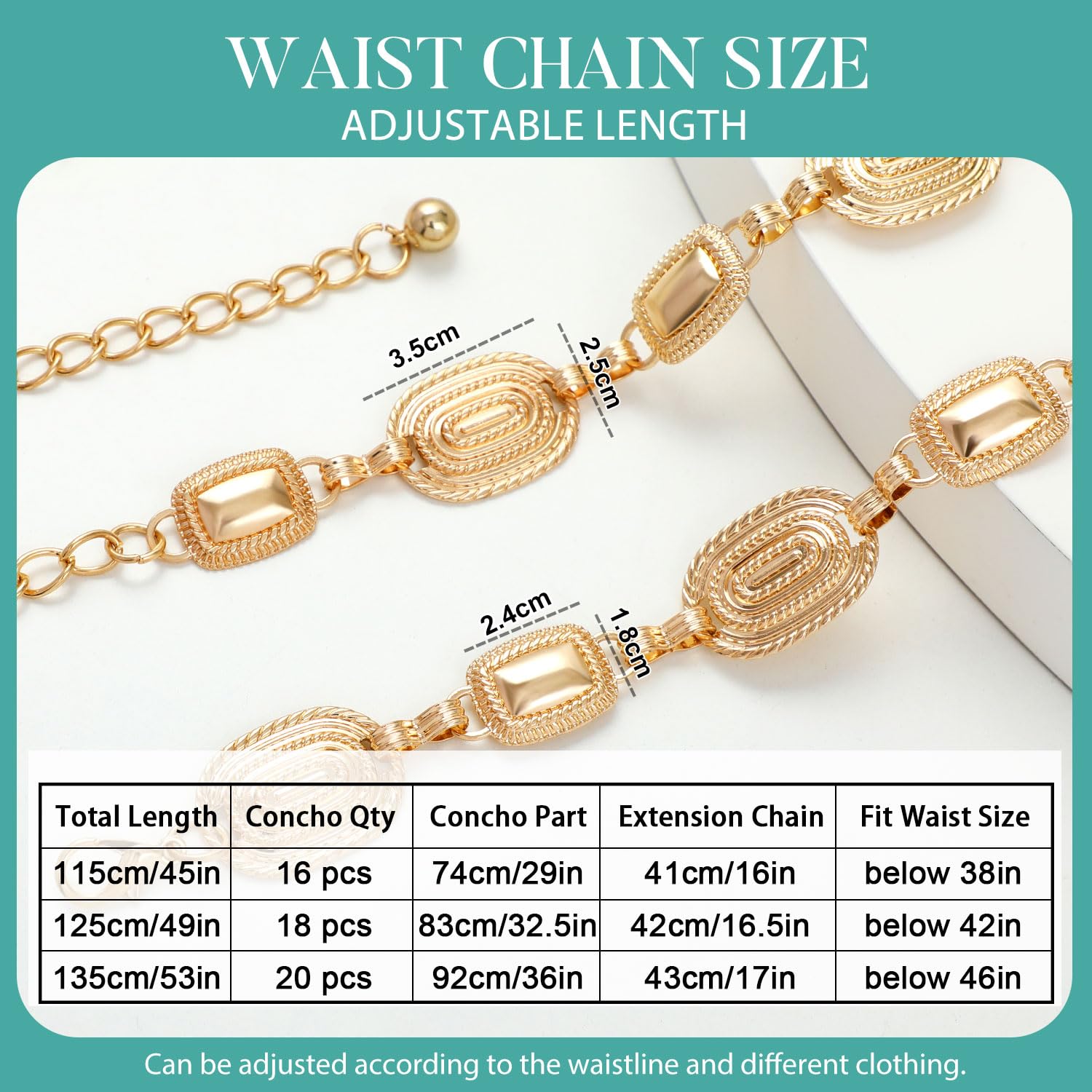 FIORETTO Concho Chain Belt for Women Oval Square Metal Waist Chain Western Belts for Dress Gold