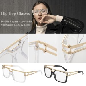 FACATH 80s/90s Women Hip Hop Costume Kit Rapper DJ Sunglass for Girls, Lassic Oversized Hippie Glasses for 80s 90s Hip Hop Costume, Square Retro Gold Frame Hip Hop Glasses (Clear)