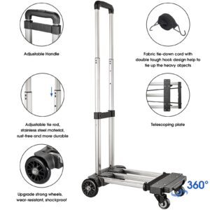 KEDSUM Foldable Hand Truck, 350 lbs Stainless Steel Folding Luggage Cart, Portable Dolly Cart for Moving, Solid Platform Hand Cart with Elastic Ropes, Collapsible Luggage Cart with Wheels for Moving