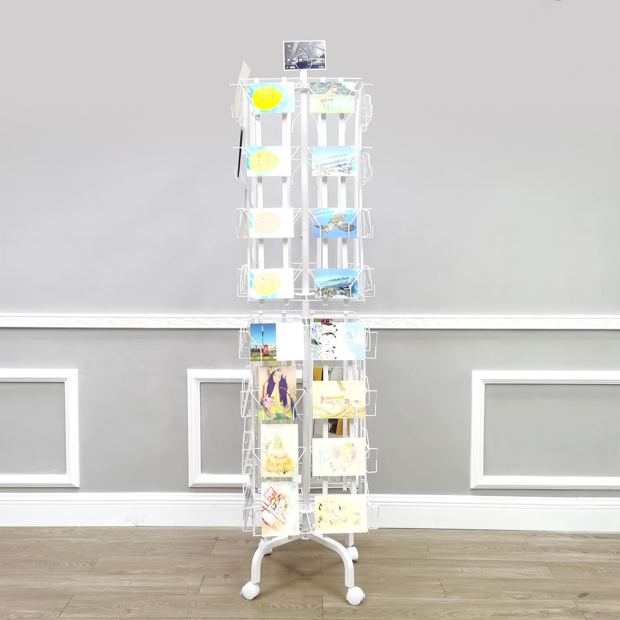 64 Adjustable Pockets Display Rack 5x7 7x5 up to 9.3" Wide X 8" Tall Cards, 1.27" deep Pockets, Double Tier Greeting Post Card Christmas Holiday Spinning Rack Stand White 10139-WHITE-NPF-SL