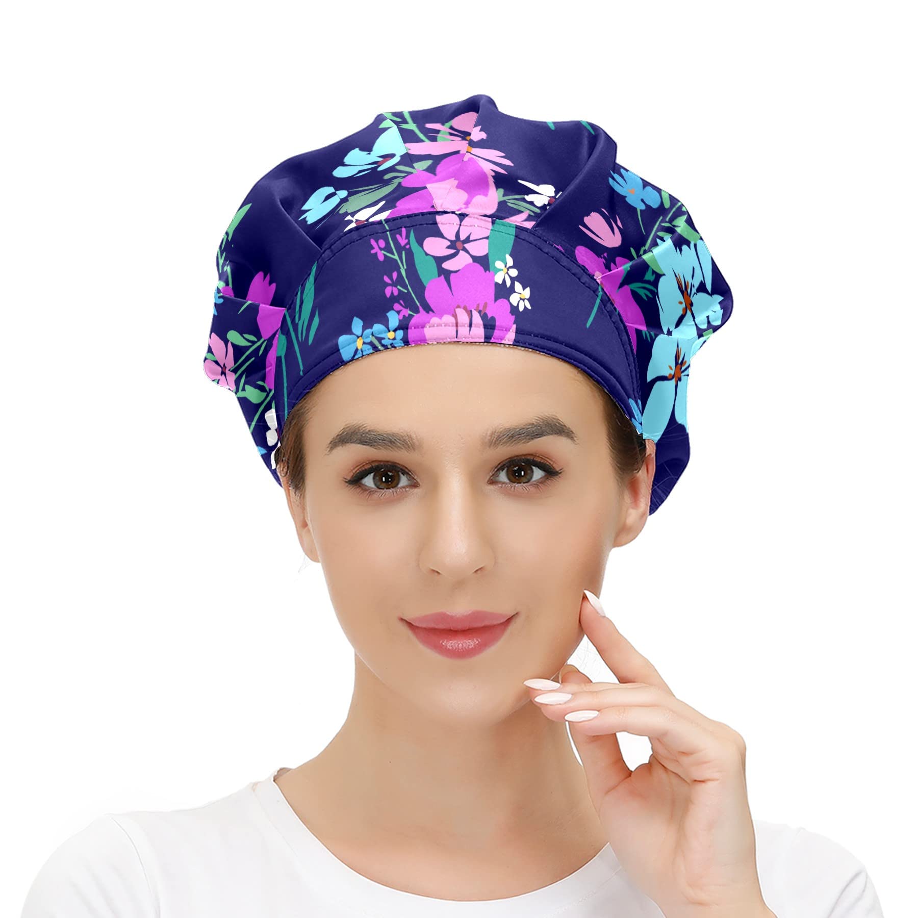 Shutiall Working Cap with Button and Sweatband Adjustable Tie Back Bouffant Hats Printed Multi Color for Woman Man.Flowers