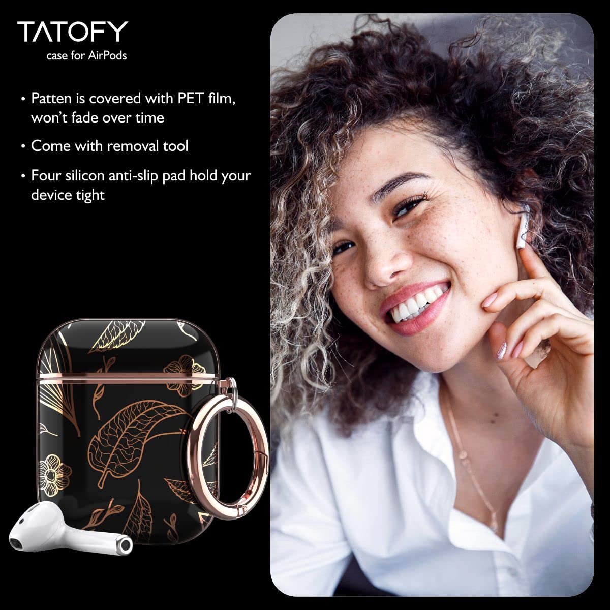 TATOFY Case Cover for AirPods 1&2, Stylish AirPods Case for Women Girls, Flower Patterns Protective Hard Case with Clip (Golden Black)