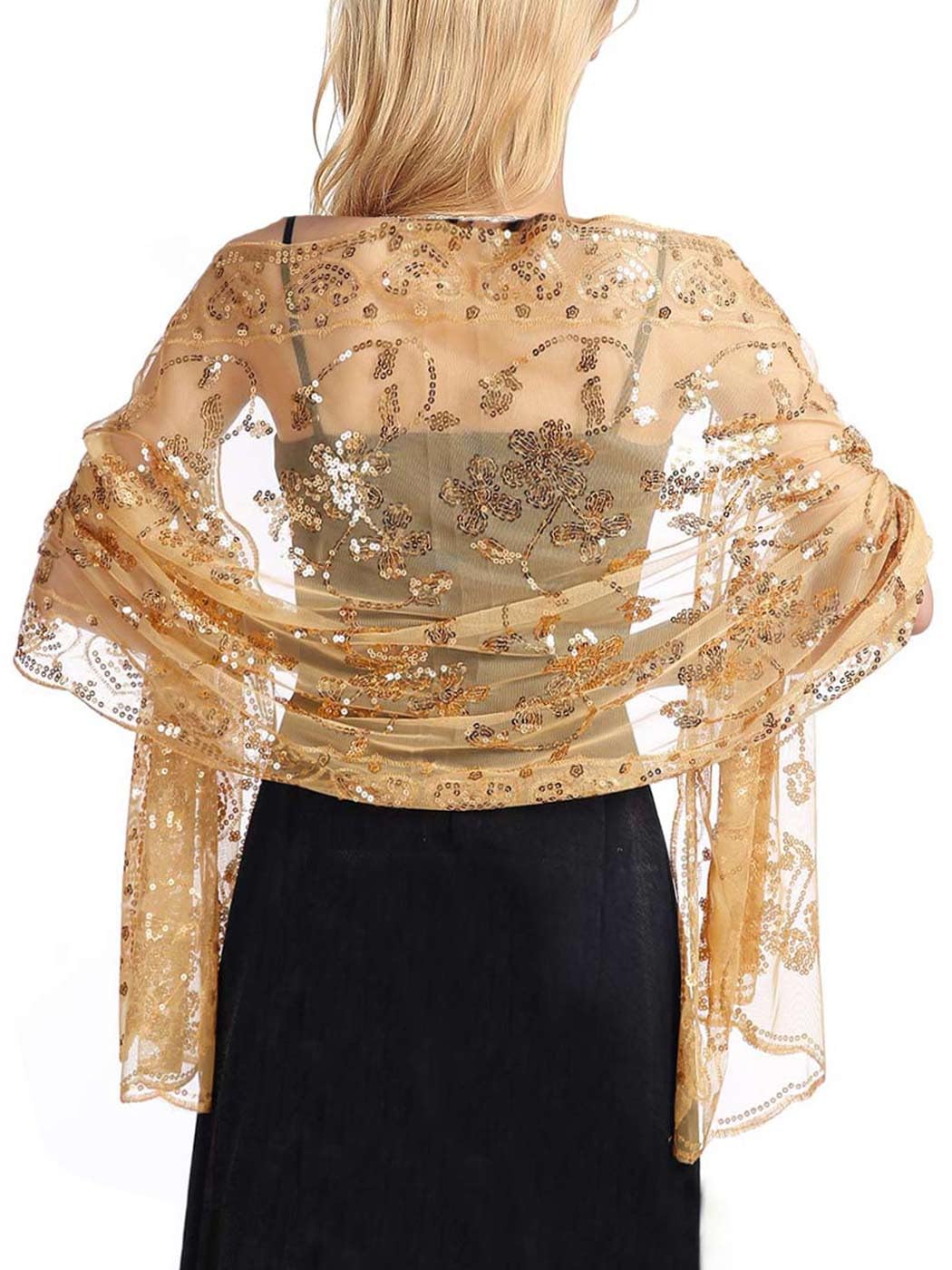 Aukmla Sequin Shawls and Wraps for Evening Dresses 1920s Lace Scarf Wedding Spakle Cape Cover Up Wedding Accessories(A Gold)