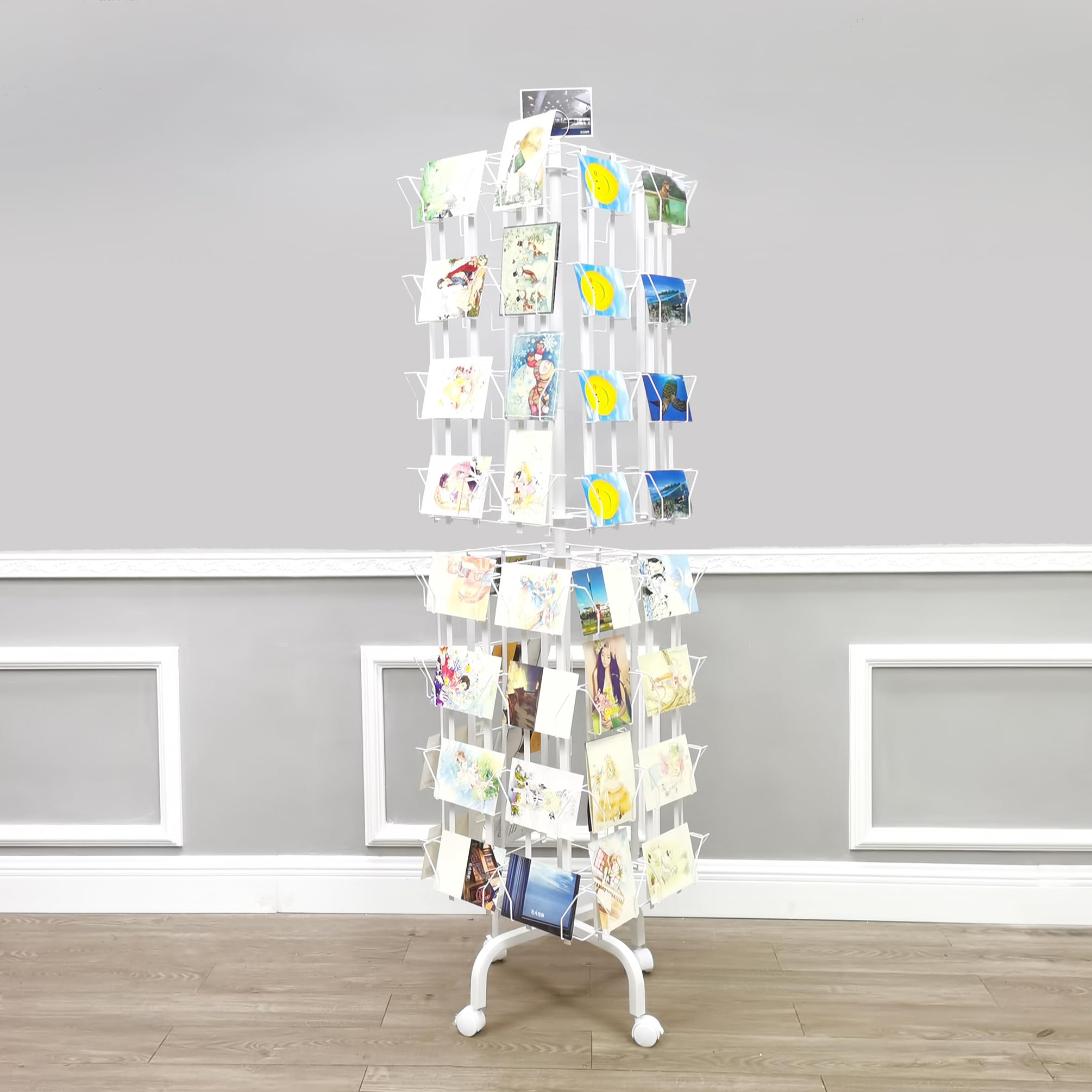 64 Adjustable Pockets Display Rack 5x7 7x5 up to 9.3" Wide X 8" Tall Cards, 1.27" deep Pockets, Double Tier Greeting Post Card Christmas Holiday Spinning Rack Stand White 10139-WHITE-NPF-SL