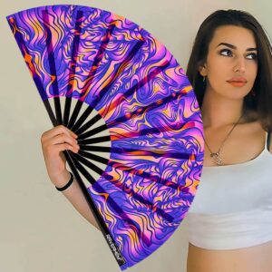 Raveahem UV Glow Rave Fan, Bamboo Folding Clack Hand Fan for Men Women (Wellen, Large 13")