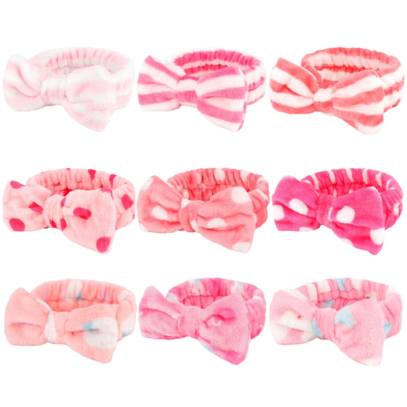 WHAVEL 9 Pack Pink Microfiber Hairband for Washing Face, Makeup Headband Skincare Headbands with Cute Bow, Fluffy Face Wash Headband for Women