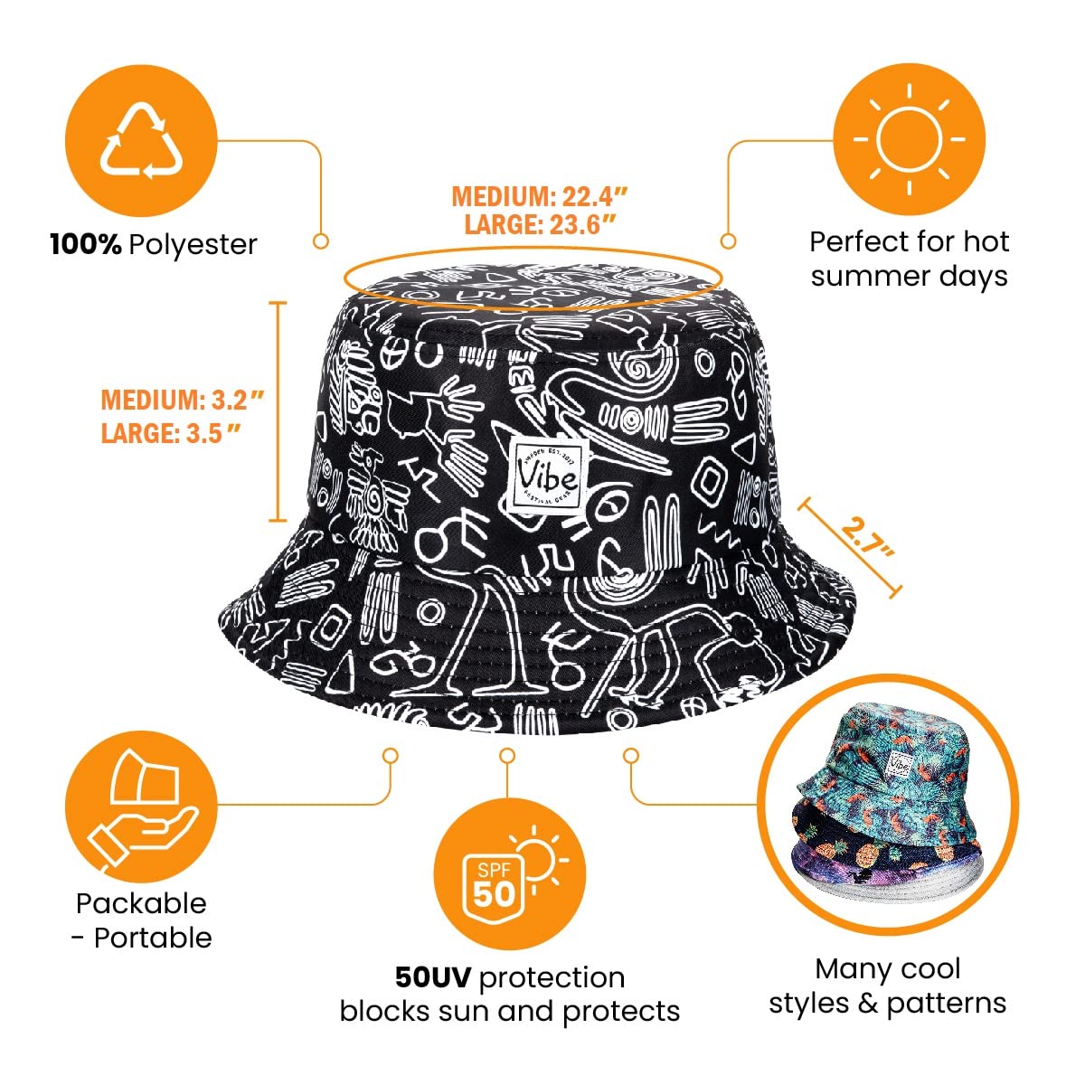 Vibe Festival Gear Bucket Hat Unisex for Men Women Fashion Fishing Hat Cute Fisherman Cap (BW Tribal-L-XL)