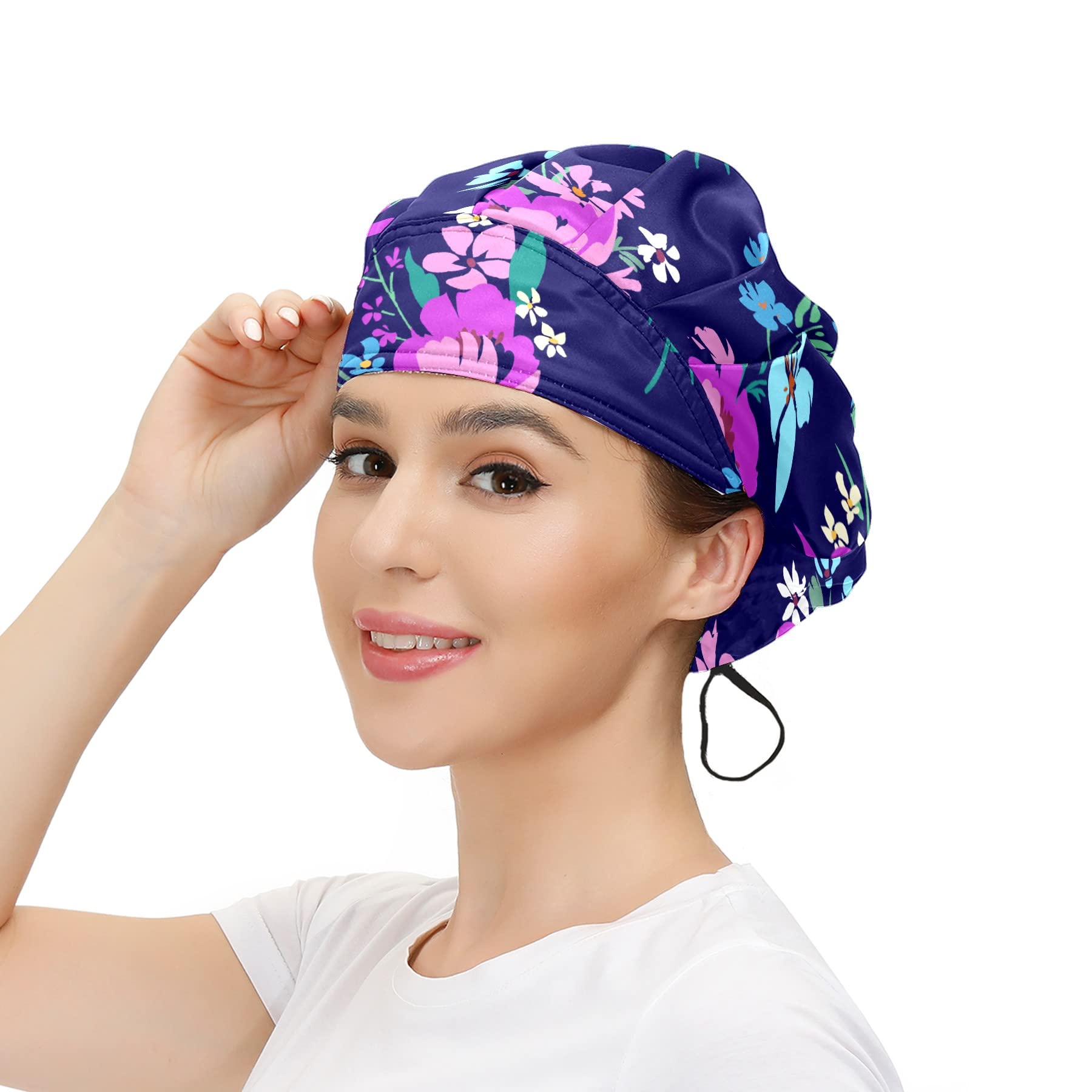 Shutiall Working Cap with Button and Sweatband Adjustable Tie Back Bouffant Hats Printed Multi Color for Woman Man.Flowers