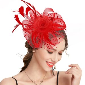 Takmor Fascinators for Women, Kentucky Derby Hats for Women Tea Party Tea Party Hat for Women for Church Wedding Cocktail Red