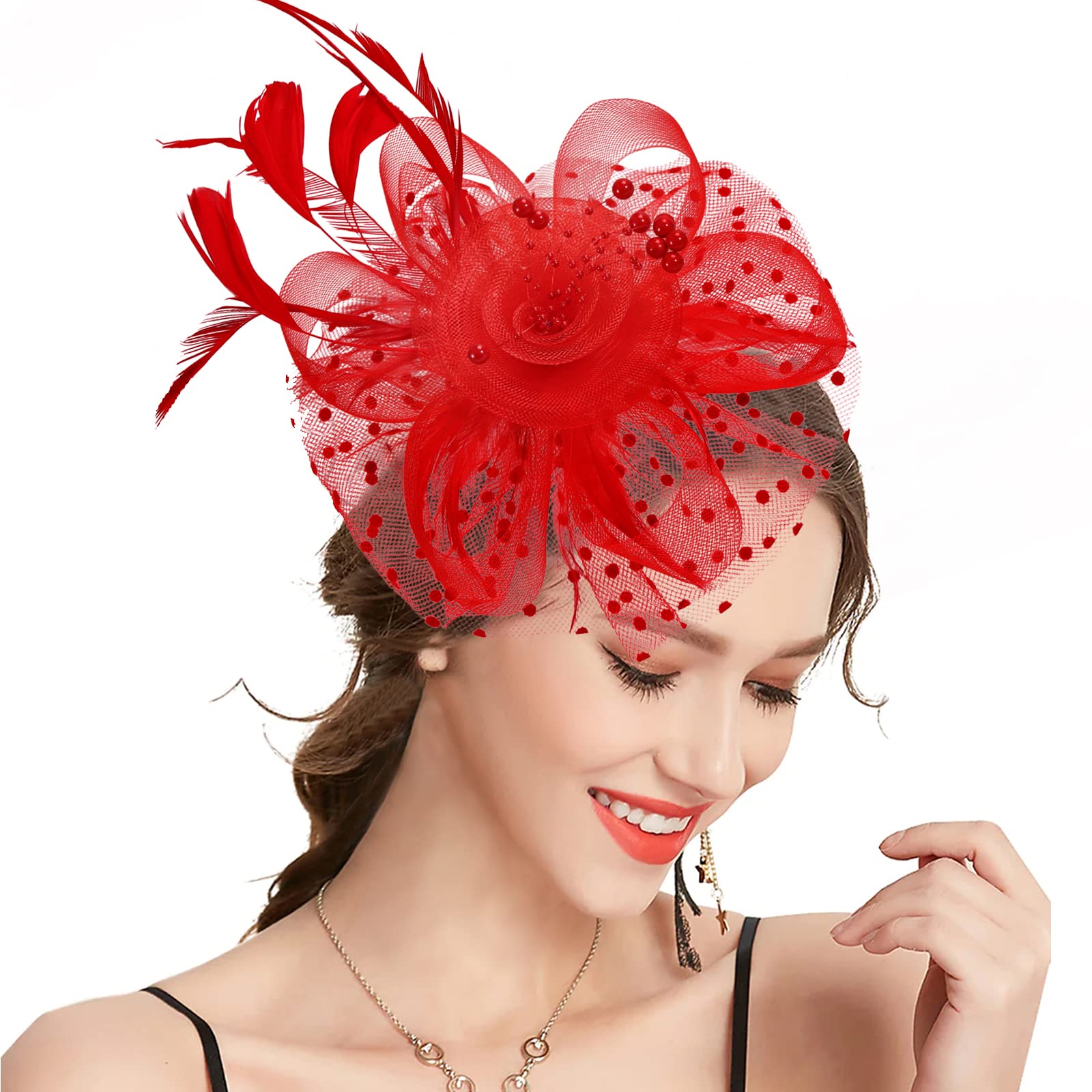 Takmor Fascinators for Women, Kentucky Derby Hats for Women Tea Party Tea Party Hat for Women for Church Wedding Cocktail Red