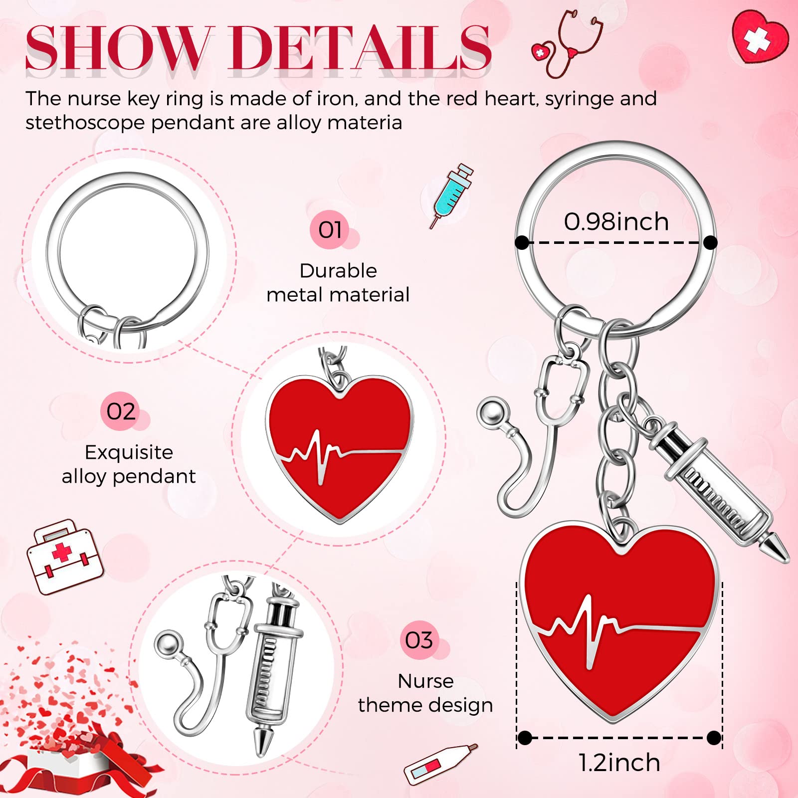 Yinkin 36 Pcs Nurse Keychains Bulk Nurses Week Gifts Keyrings with Red Heart Syringe Stethoscope Pendant Nurse Party Favors RN Thank You Gifts for Women Nurse Day Graduation Students