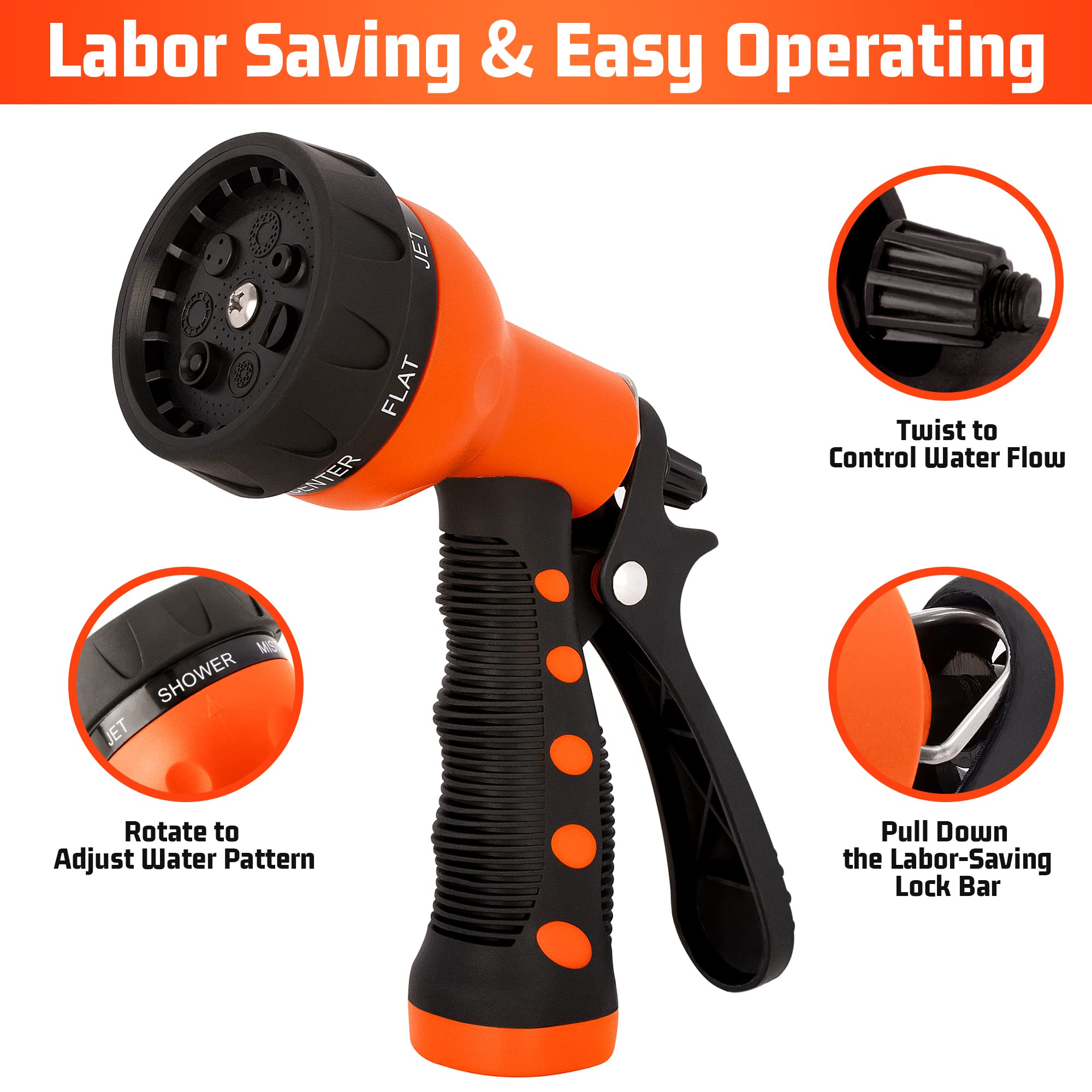 NEXCOVER Garden Hose Nozzle Sprayer - 7 Adjustable Watering Patterns Nozzle for Water Hose, Non-Slip Garden Spray Nozzle for Car Washing, Watering Plants, Pets Showering, Lawns Cleaning, Orange