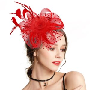 Takmor Fascinators for Women, Kentucky Derby Hats for Women Tea Party Tea Party Hat for Women for Church Wedding Cocktail Red