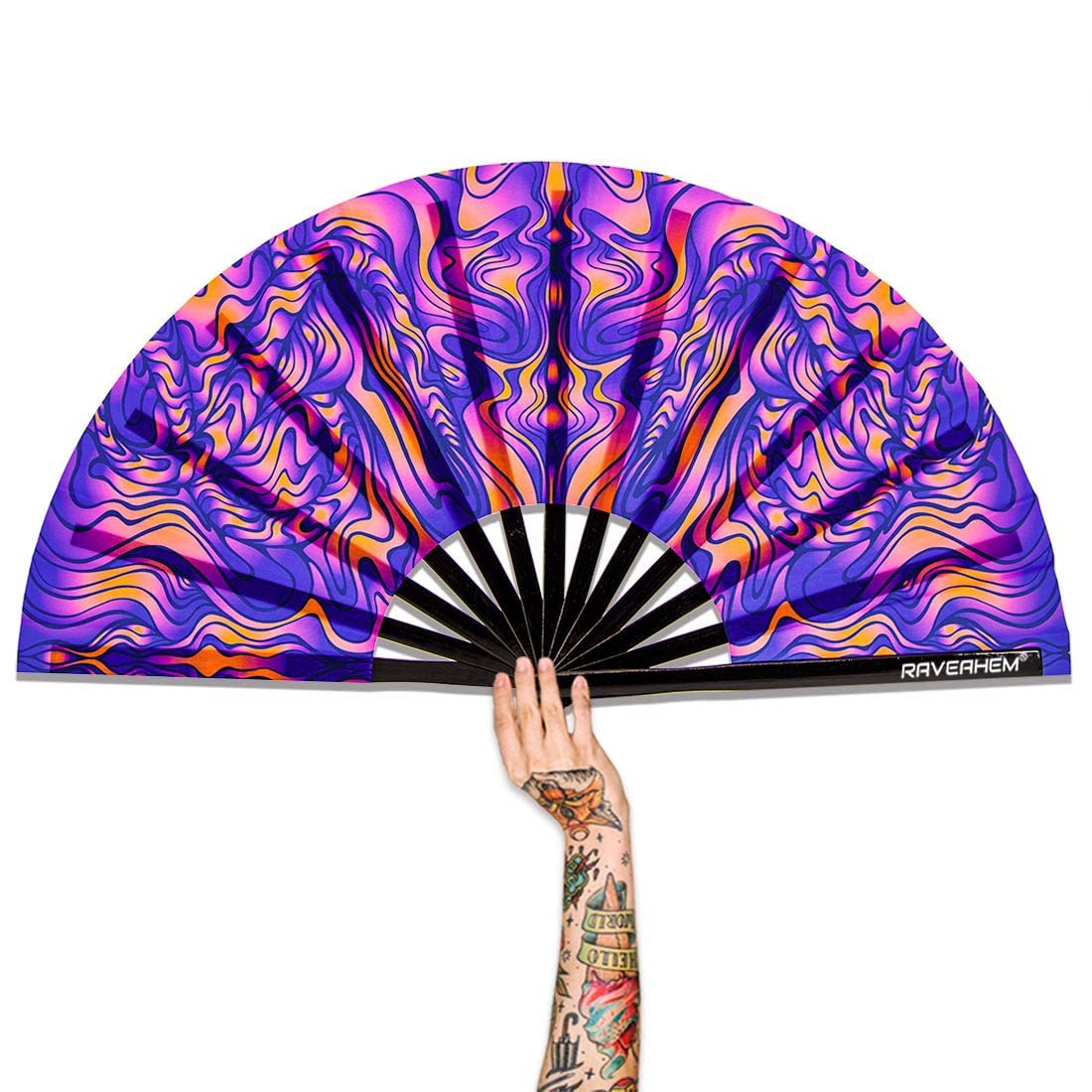 Raveahem UV Glow Rave Fan, Bamboo Folding Clack Hand Fan for Men Women (Wellen, Large 13")