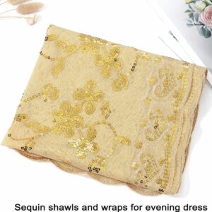 Aukmla Sequin Shawls and Wraps for Evening Dresses 1920s Lace Scarf Wedding Spakle Cape Cover Up Wedding Accessories(A Gold)