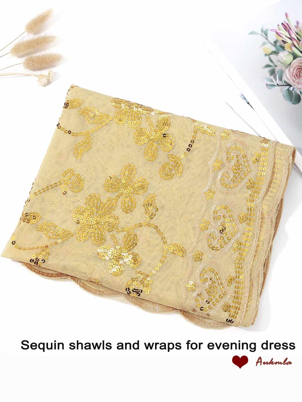 Aukmla Sequin Shawls and Wraps for Evening Dresses 1920s Lace Scarf Wedding Spakle Cape Cover Up Wedding Accessories(A Gold)