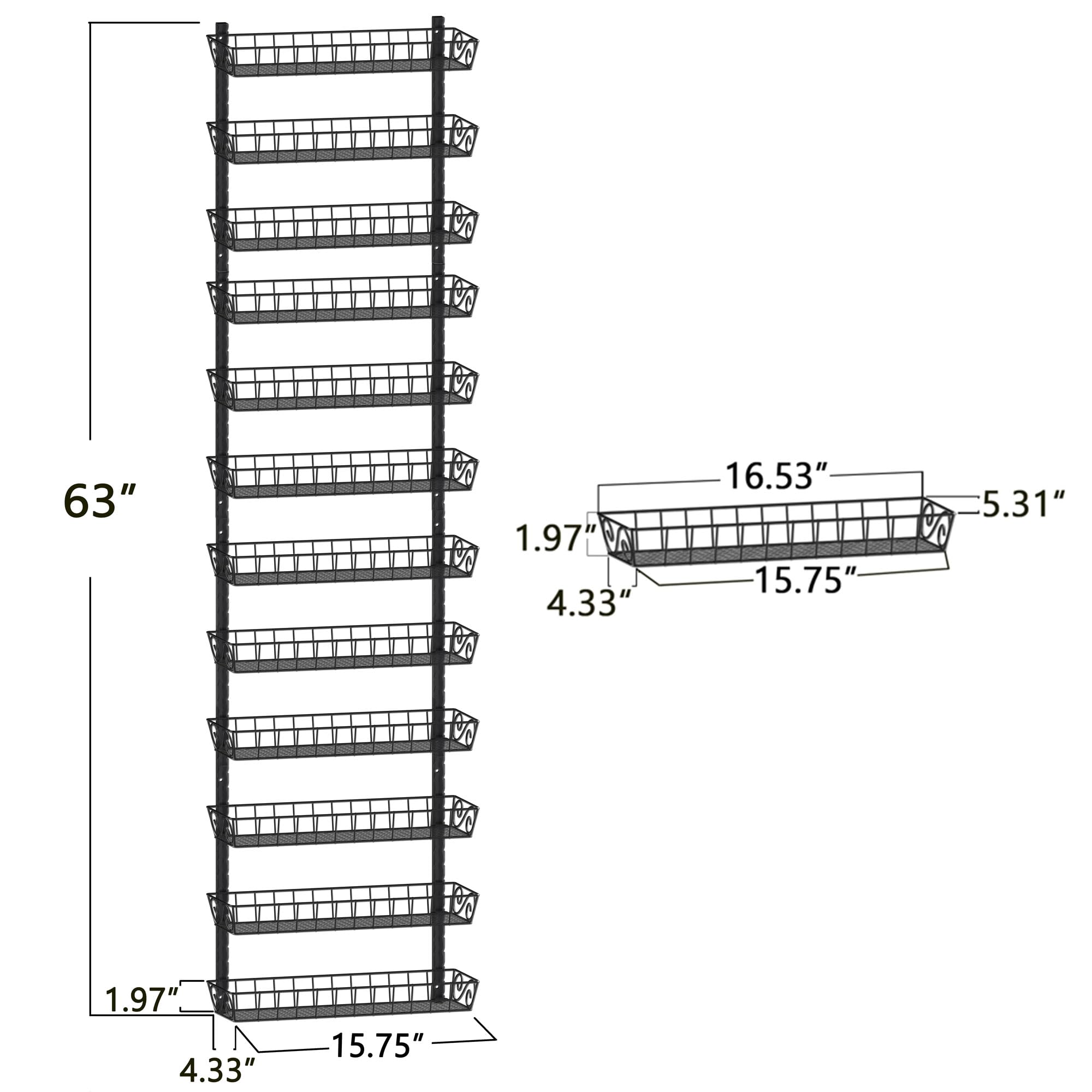 SWOMMOLY Adjustable Wall Mount Spice Rack Organizer, 12-Tier Dual-use (Multi-use) Hanging Spice Shelf Storage for Kitchen Pantry Cabinet Door, Seasoning Holder Organizer, Black