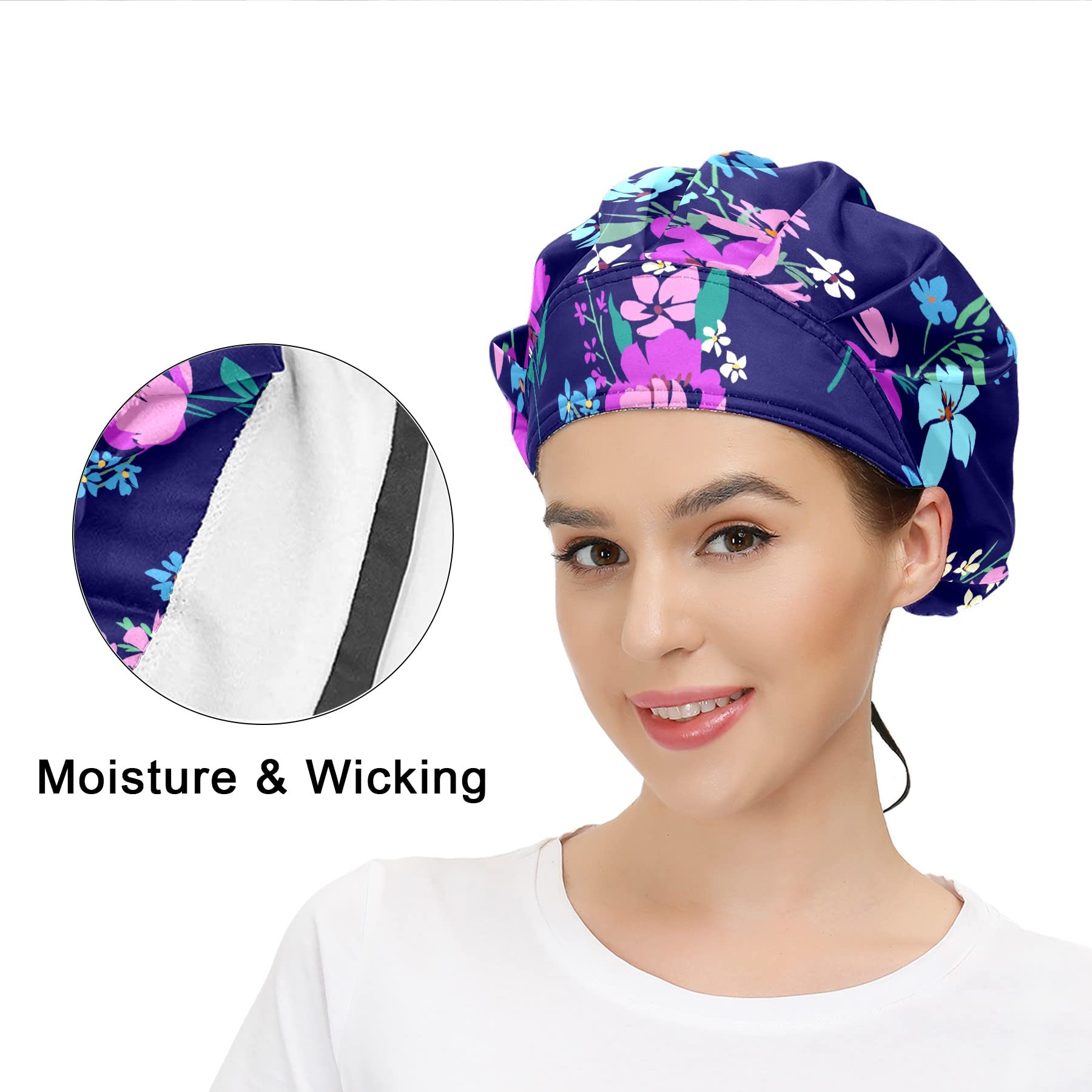 Shutiall Working Cap with Button and Sweatband Adjustable Tie Back Bouffant Hats Printed Multi Color for Woman Man.Flowers