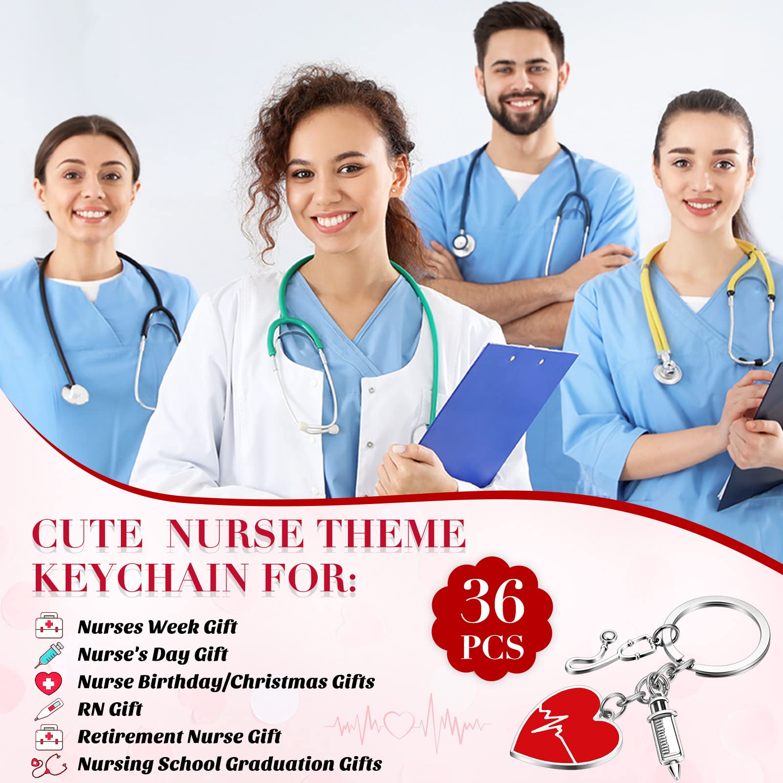 Yinkin 36 Pcs Nurse Keychains Bulk Nurses Week Gifts Keyrings with Red Heart Syringe Stethoscope Pendant Nurse Party Favors RN Thank You Gifts for Women Nurse Day Graduation Students