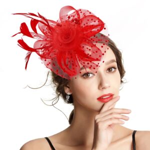 Takmor Fascinators for Women, Kentucky Derby Hats for Women Tea Party Tea Party Hat for Women for Church Wedding Cocktail Red