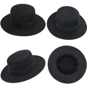 Classic Black Flat-Top Fedora Hat Wide-Brim Pork-Pie Hat Boater Hat Church Dery Cap for Women Men