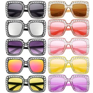 Matcheck 10 Pack Women Sparkling Crystal Sunglasses Oversized Square Diamond Thick Frame Glasses Funky Big Cool Eyeswear