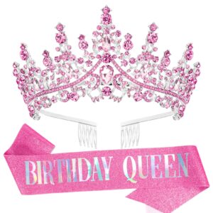 TIHEBAX Birthday Tiara and Sash for Women Girls Birthday Queen Series Graceful Birthday Crown and Sash for Party Gift Halloween Cosplay Premium Rhinestone Headbands for Princess Dress Up (pink)