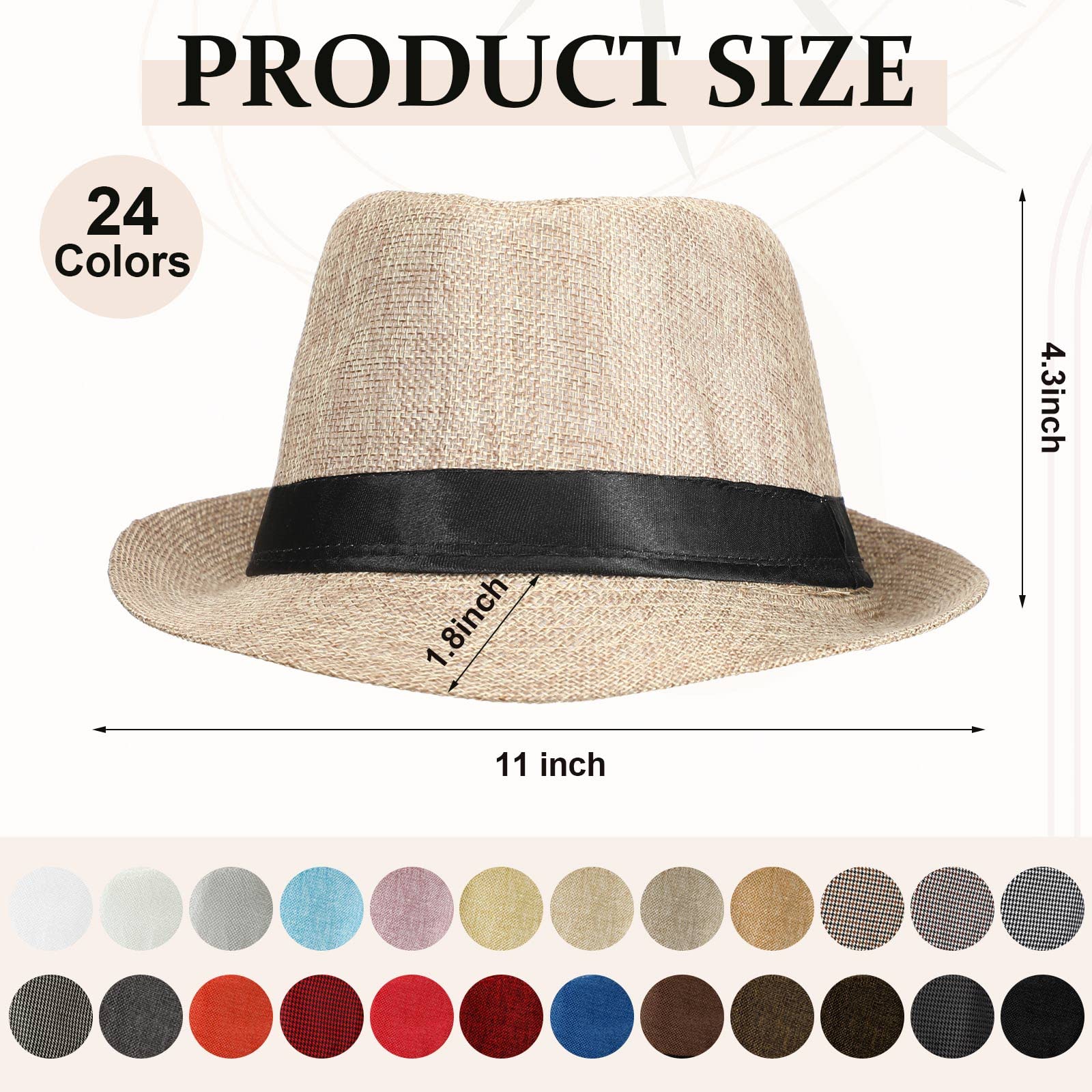 24 Pack Short Brim Straw Hats Unisex Cotton Houndstooth Trilby Hat with Black Band Seasonal Panama Sun Hat for Men Women Beach, 24 Colors