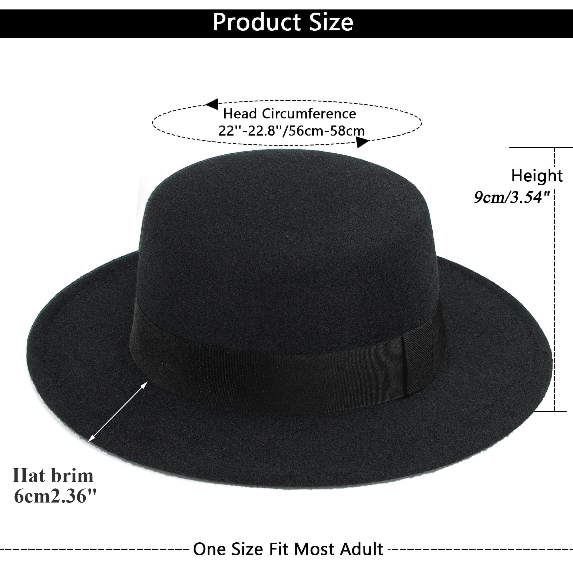 Classic Black Flat-Top Fedora Hat Wide-Brim Pork-Pie Hat Boater Hat Church Dery Cap for Women Men