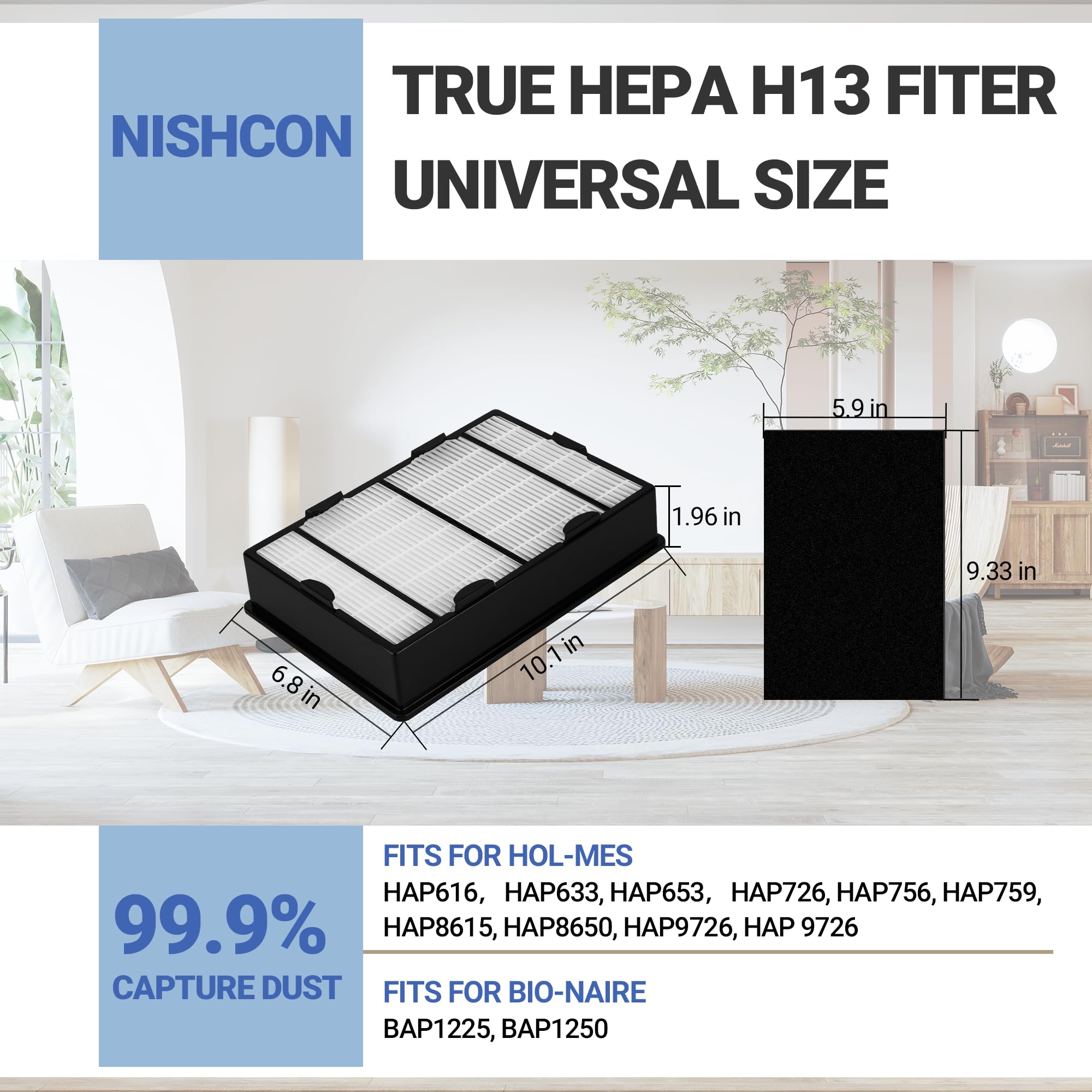 NISHCON HAPF600 HEPA Filters for Holmes HAP616, HAP633, HAP653, HAP726, HAP756, HAP759, HAP8615, HAP8650, HAP9726 Air Purifier, Replace HAPF600TCS (3 HEPA Filters& 3 Carbon Filters)