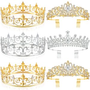 juexica 6 pieces prom king crown metal baroque king and queen prince princess crystal headband tiara crown wedding bridal accessories for women men(gold, silver, elegant style)