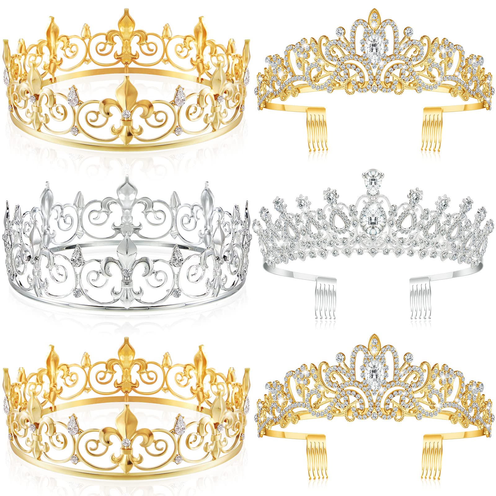 Juexica 6 Pieces Prom King Crown Metal Baroque King and Queen Prince Princess Crystal Headband Tiara Crown Wedding Bridal Accessories for Women Men(Gold, Silver, Elegant Style)