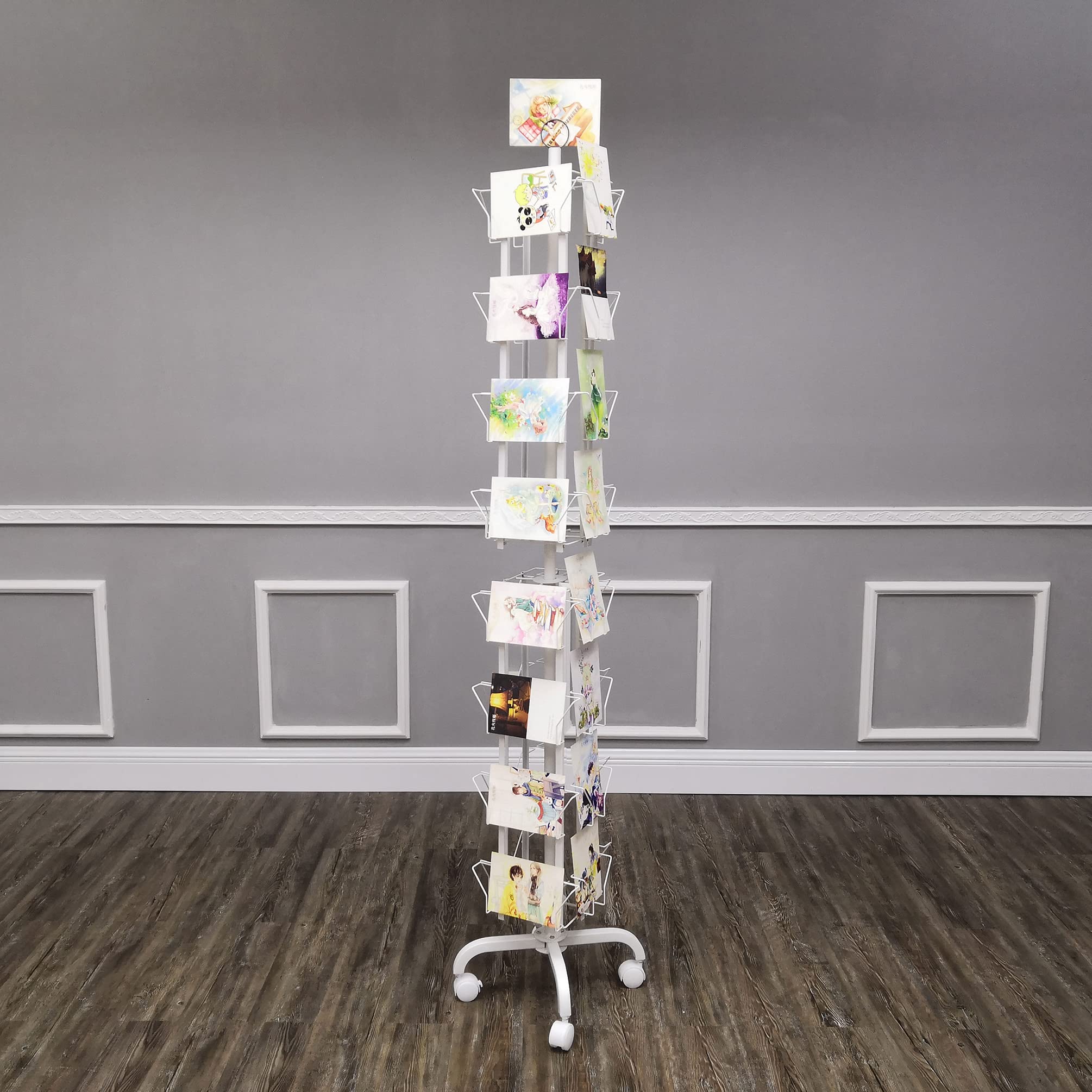 32 Adjustable Pockets Display Rack 5x7 7x5 up to 8.5" Wide X 8" Tall Cards, 1.27" deep Pockets, Double Tier Greeting Post Card Christmas Holiday Spinning Rack Stand White 11704-WHITE-NPF-SL