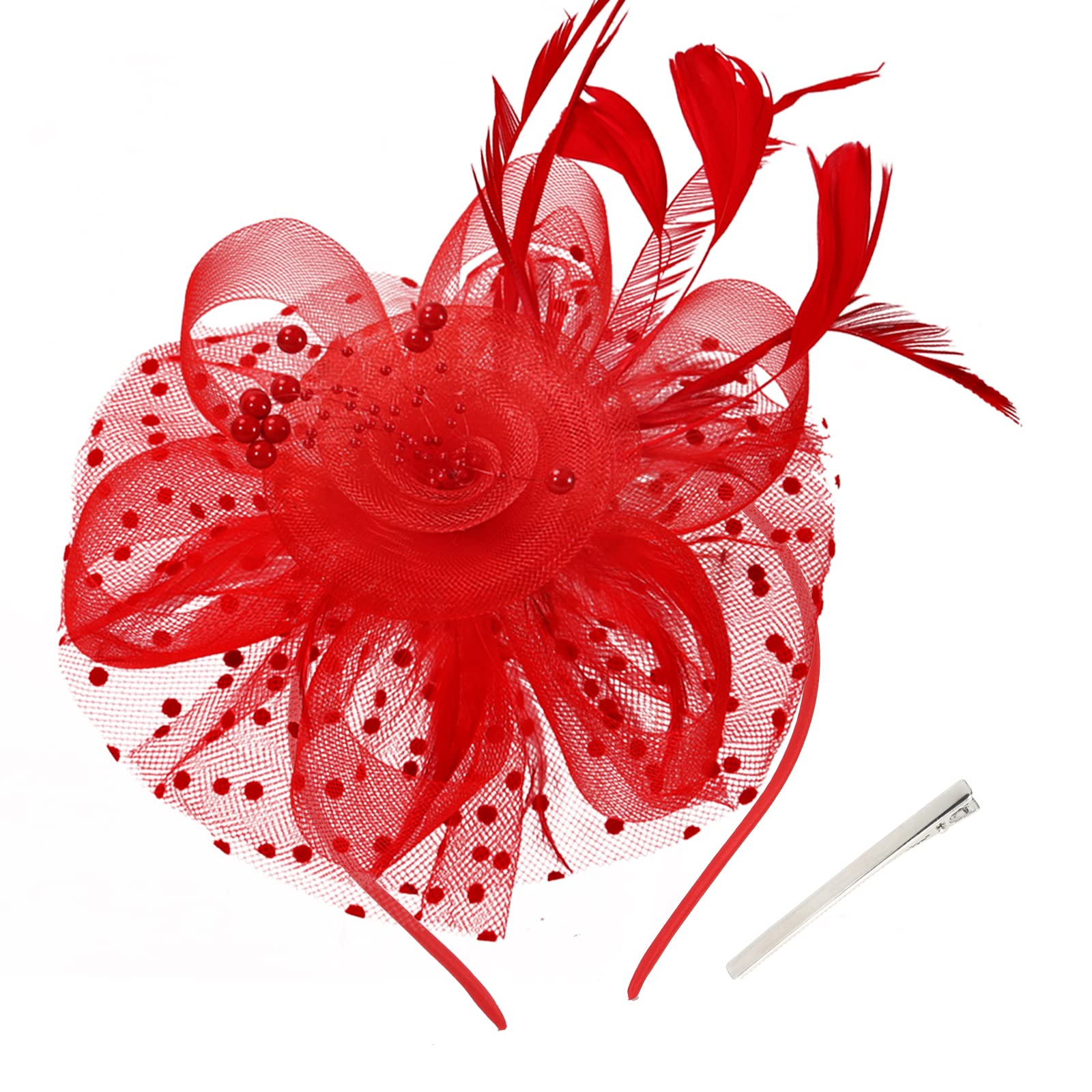 Takmor Fascinators for Women, Kentucky Derby Hats for Women Tea Party Tea Party Hat for Women for Church Wedding Cocktail Red