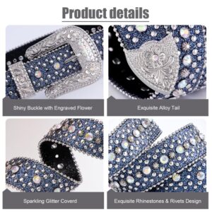 FIORETTO Men Women Rhinestone Belt Western Studded Leather Belt Shine Crystal Bling Diamond Cowgirl Cowboy Waist Belt for Jeans Pants Blue