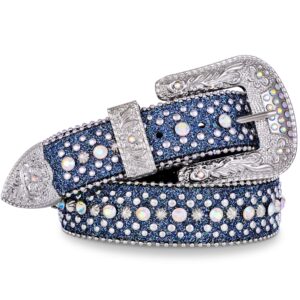 fioretto men women rhinestone belt western studded leather belt shine crystal bling diamond cowgirl cowboy waist belt for jeans pants blue