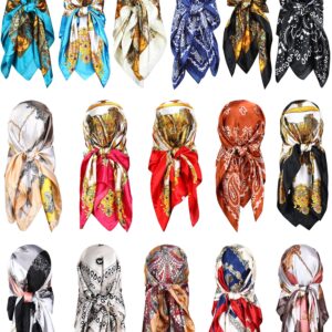 Janmercy 16 Pcs 35" Satin Head Scarf Hair Scarf Silk Like Bandana Scarf Large Square Neck Scarf Shirt Scarf for Women Girls Hair Wrapping Sleeping, 16 Styles