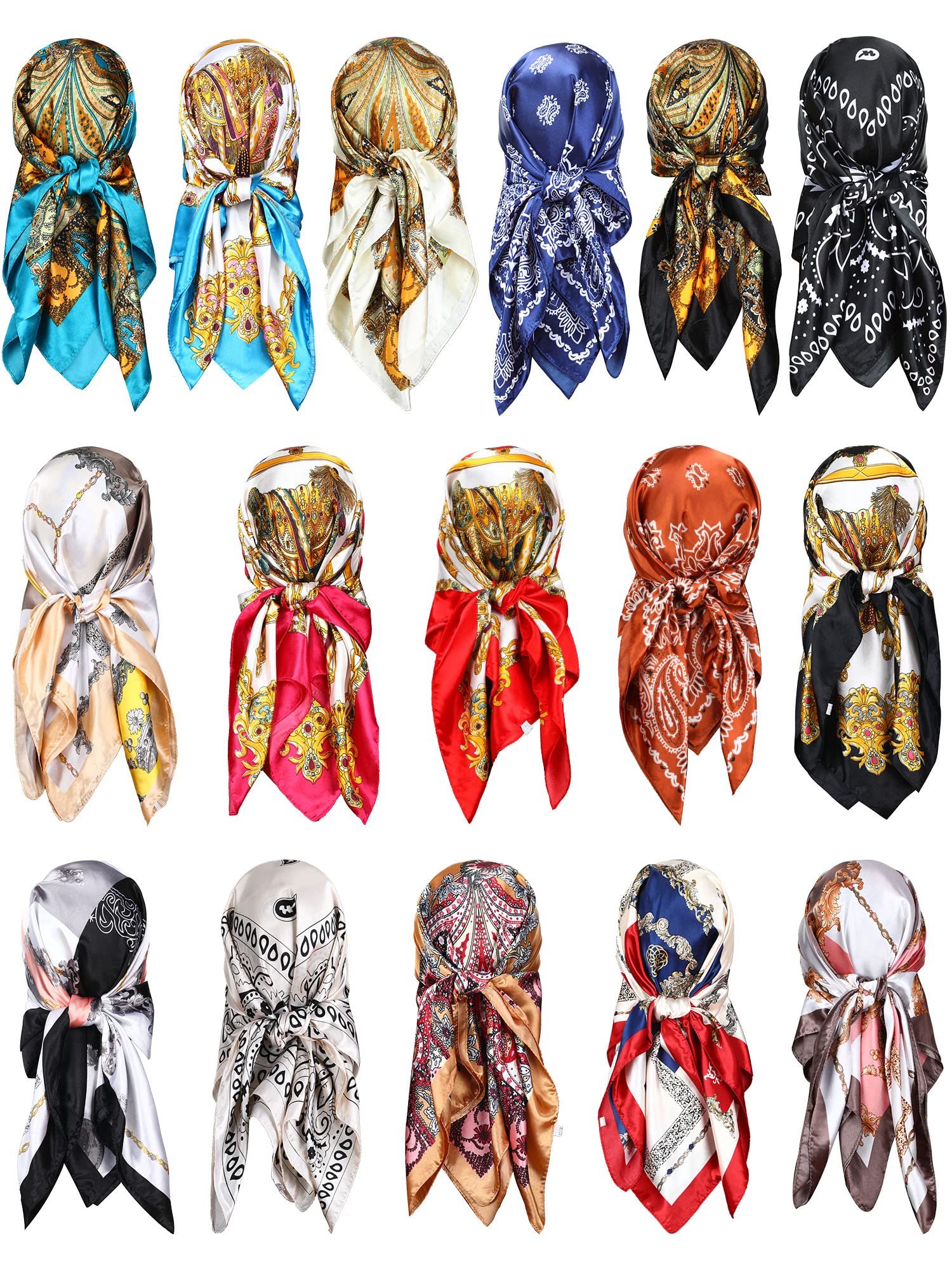 Janmercy 16 Pcs 35" Satin Head Scarf Hair Scarf Silk Like Bandana Scarf Large Square Neck Scarf Shirt Scarf for Women Girls Hair Wrapping Sleeping, 16 Styles