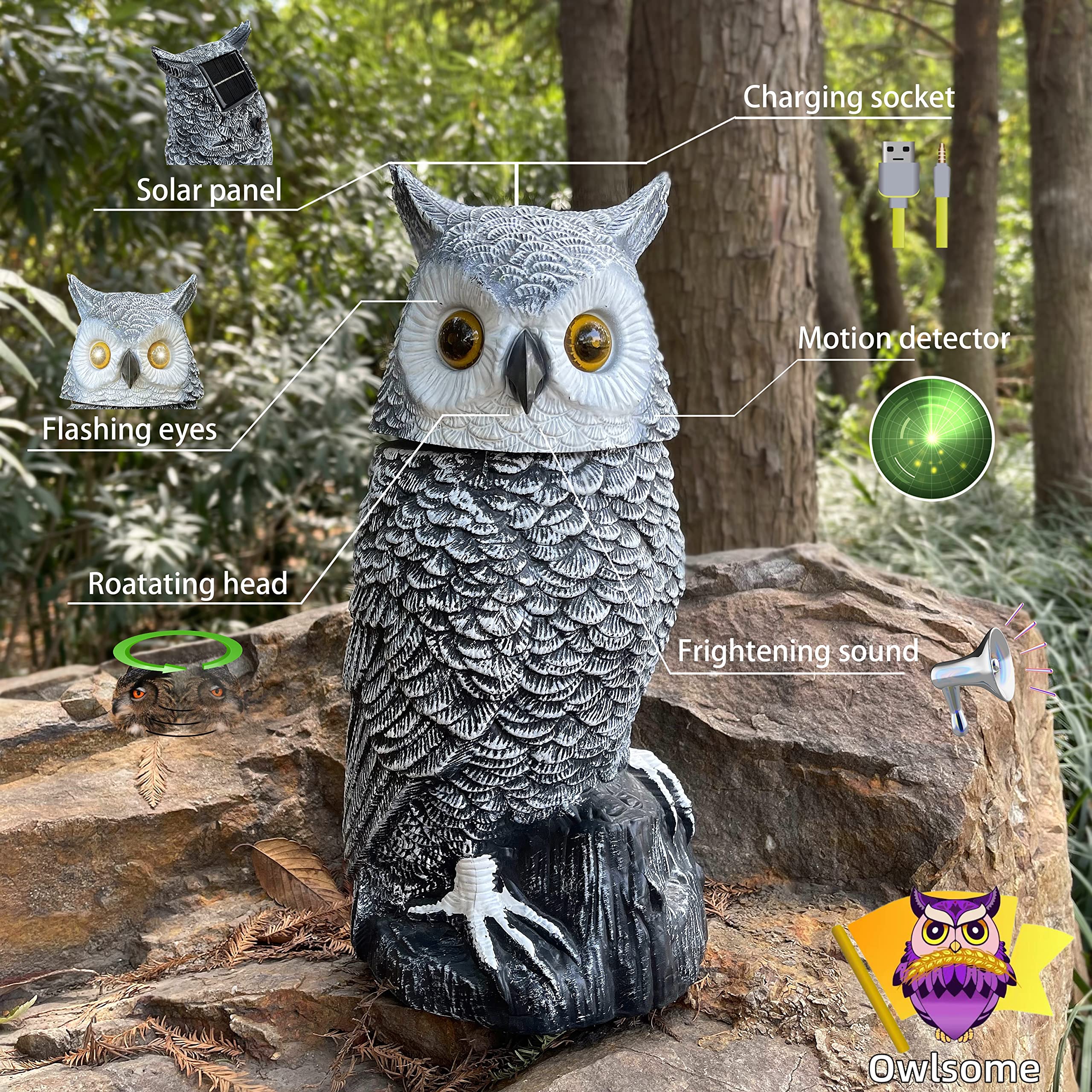 Owlsome Solar Snowy Owl with Flashing Eyes, Rotating Head, Hooting, Motion Detector and Silent Mode, Plastic Owl Garden Sculpture, Garden Decoration