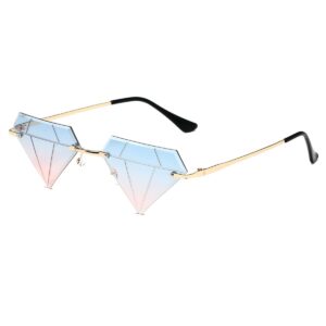 jovakit triangle diamond shaped sunglasses for women men vintage rimless sun glasses retro rave party halloween eyeglasses (gold/blue&pink)