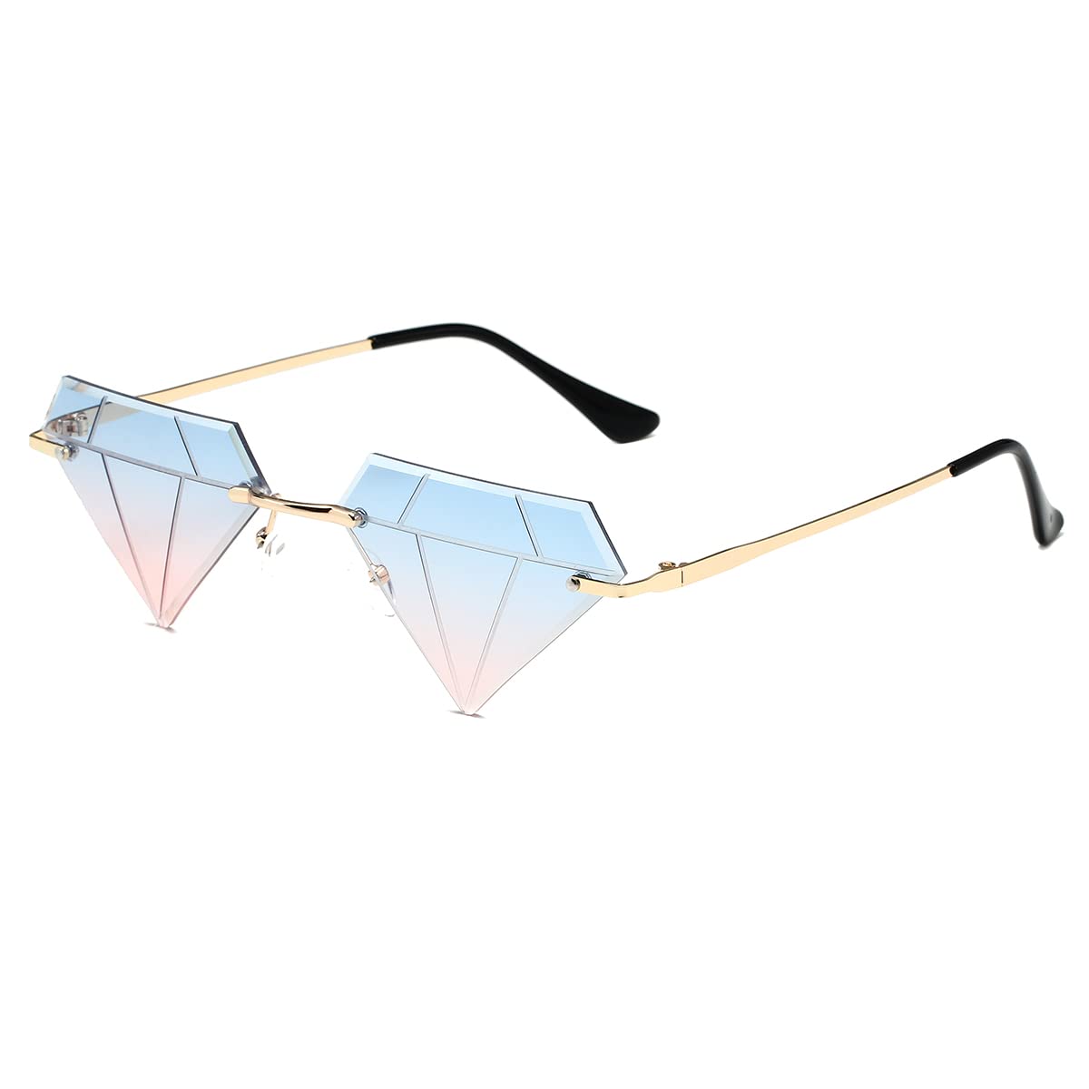 JOVAKIT Triangle Diamond Shaped Sunglasses for Women Men Vintage Rimless Sun Glasses Retro Rave Party Halloween Eyeglasses (Gold/Blue&Pink)