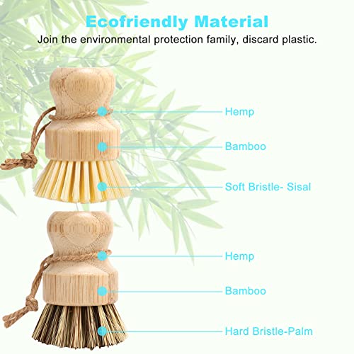 Bamboo Dish Brush Set, 4 Pcs Palm Wooden Dish Scrubber Brush, Dish Brushes, Durable Wood Dishes Scrub Brush, Natural Round Vegetable Cleaning Pots Pans Sink Washing Kitchen Brush by Aisuly