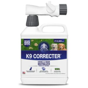 turf titan k9 correcter w/hose end– dog urine neutralizer for lawn (32 oz) – urine neutralizer for dogs to revive your lawn – lawn care solution for green, odor-free lawn – covers up to 8,000 sq ft