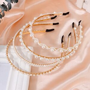 ACO-UINT Pearl Headbands 4 Pack - White Faux Pearl Bridal Hair Hoops, Cute Party and Wedding Hair Accessories for Women and Girls