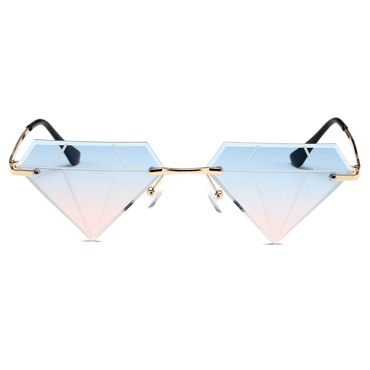 JOVAKIT Triangle Diamond Shaped Sunglasses for Women Men Vintage Rimless Sun Glasses Retro Rave Party Halloween Eyeglasses (Gold/Blue&Pink)