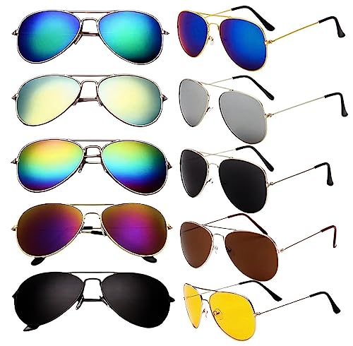 NLEYANB 10 Pieces Wholesale Classic Mirrored Flat Lens Aviator Party Sunglasses for Women Men UV400