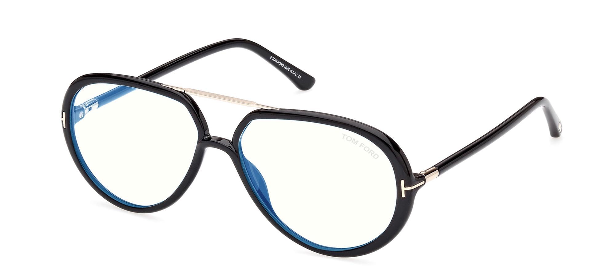 Eyeglasses Tom Ford FT 5838 -B 001 Shiny Black,"t" Logo/Blue Block Lenses